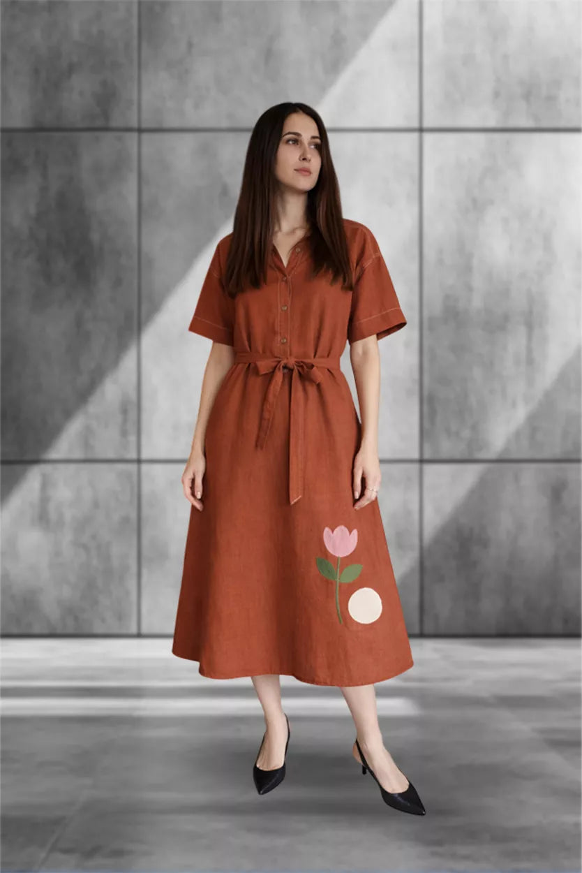 Rust Elegance Tie-Waist Midi Dress with Floral Detail