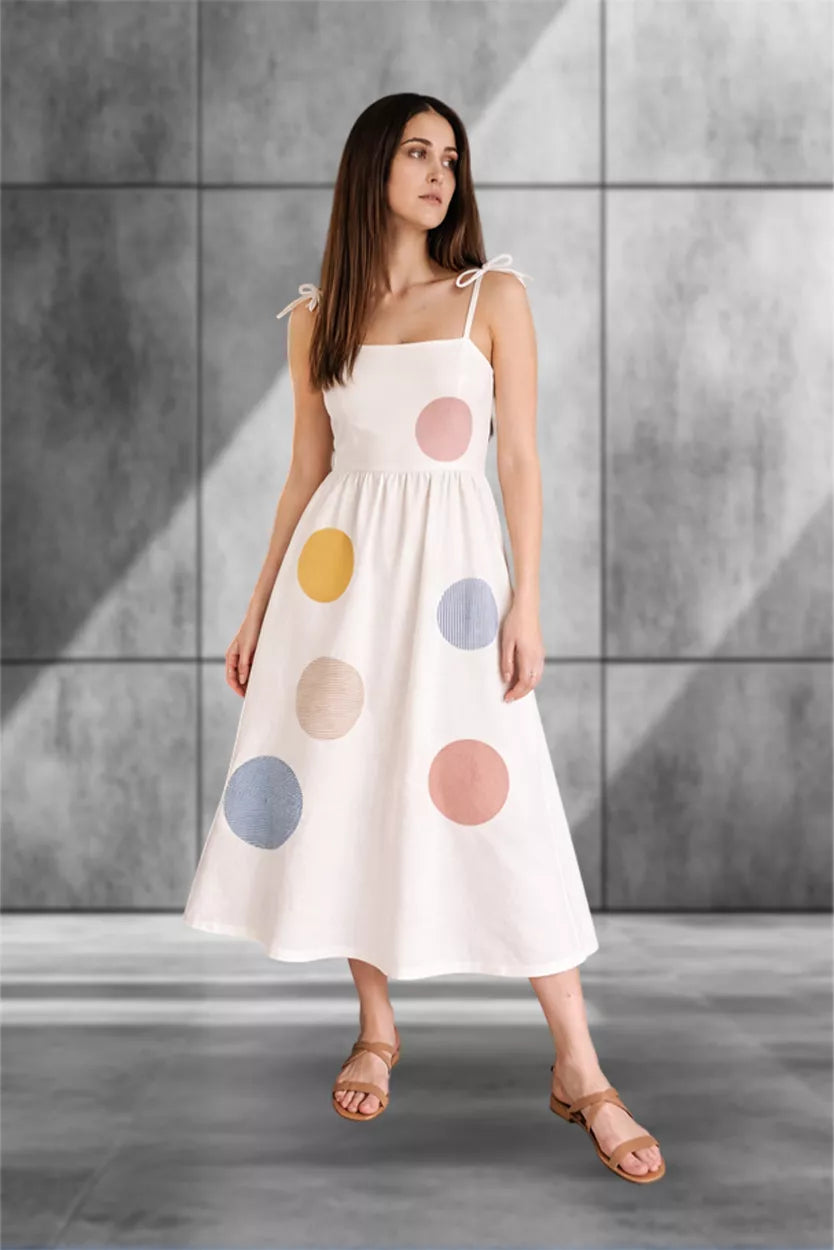 Pastel Dot Tie-Shoulder Midi Dress